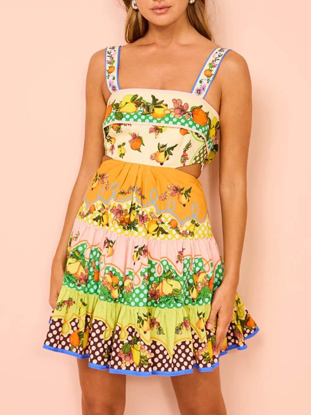 Rochie mini de vară multicoloră cu tiv cu tiv cu prelate de lămâie