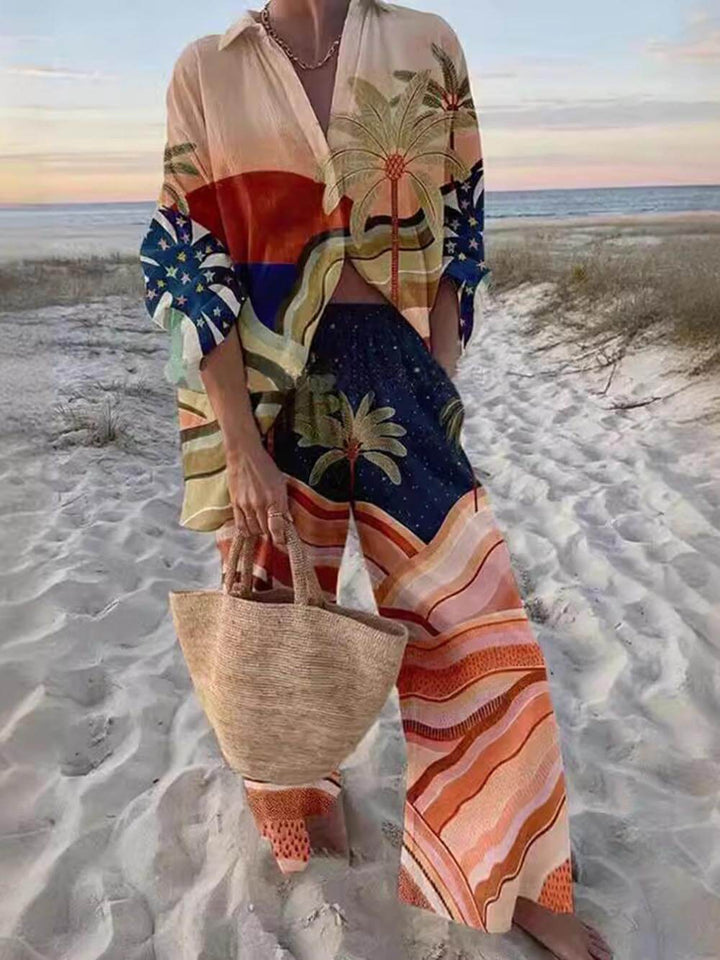 Unikalny zestaw spodni z nadrukiem Sunset Palms