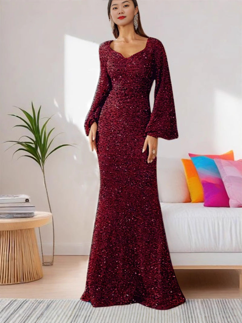 V-Neck Sequin Bodycon Dress na may Trumpet Sleeves