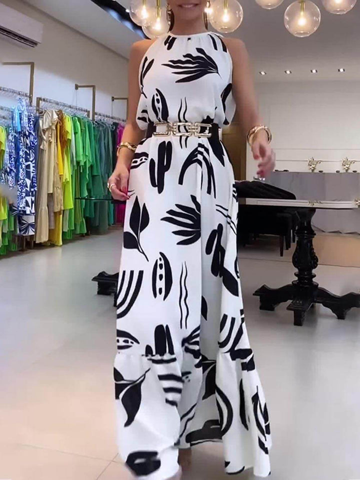 독특한 프린트 타이업 넥라인 루즈 칵테일 맥시 드레스