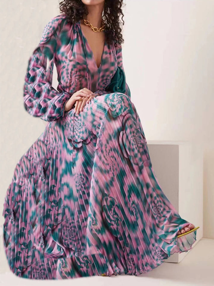 Robe longue en mousseline plissée imprimée avec cordon de serrage Millie
