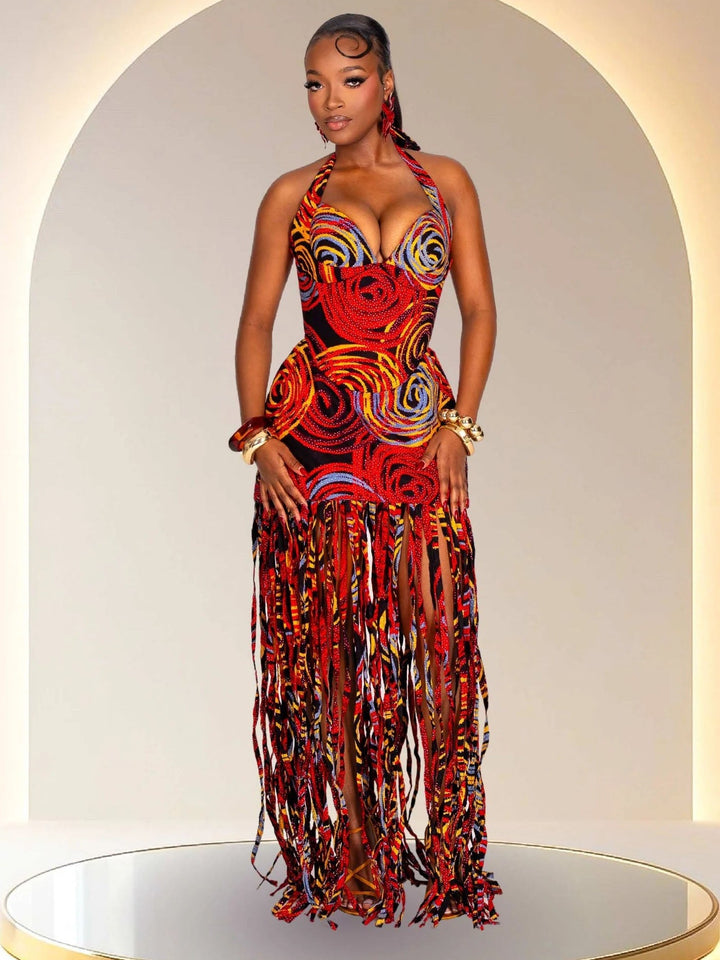 Statement Halter Fringe Maxi Dress