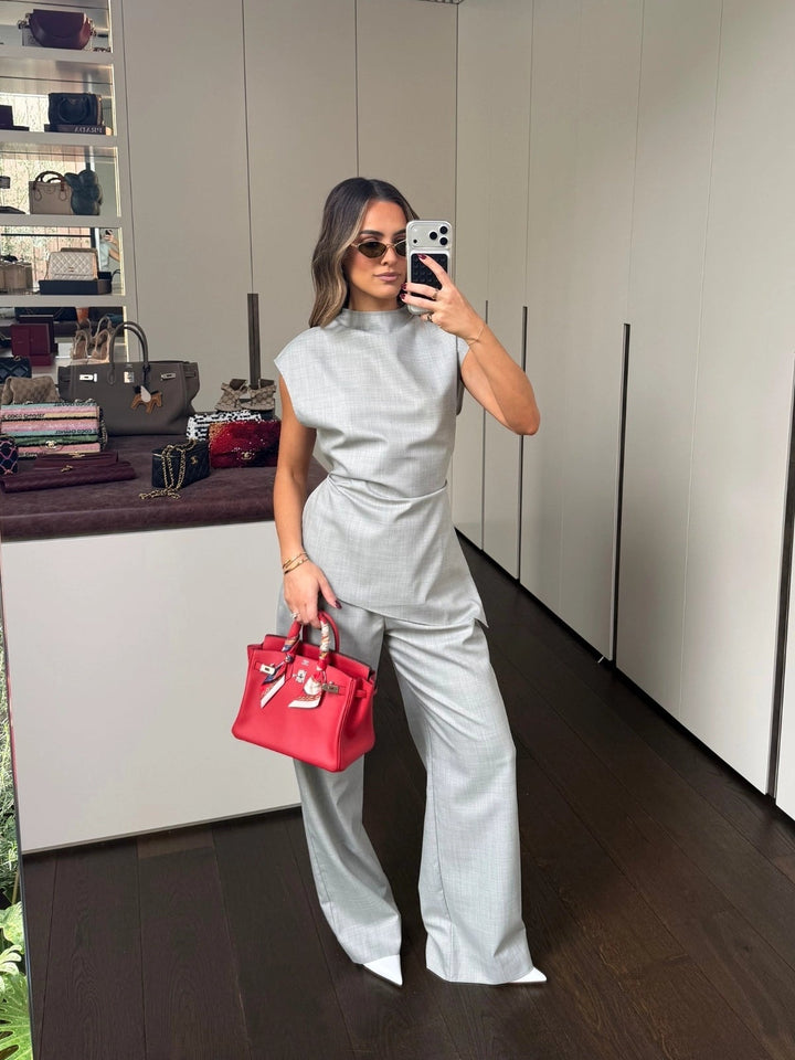 Beyaz Peplum Geniş Paça Pantolon Takımı