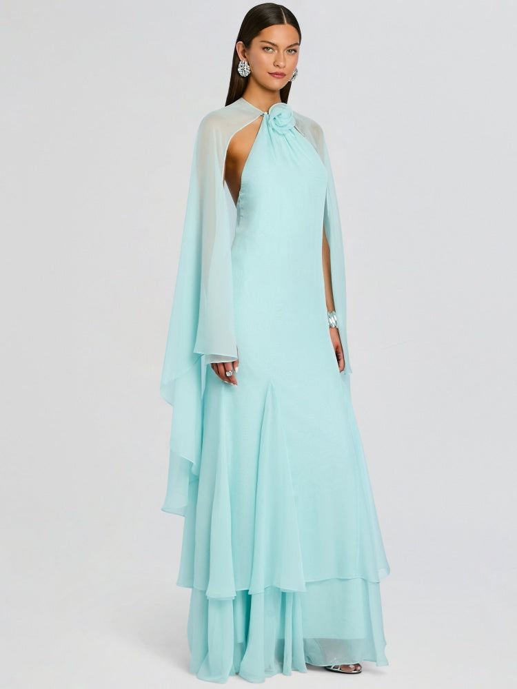 Ice Blue Cape Cowl Neck Gown