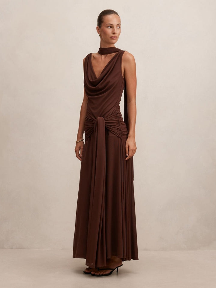 Draped High-Neck Open-Back Gown