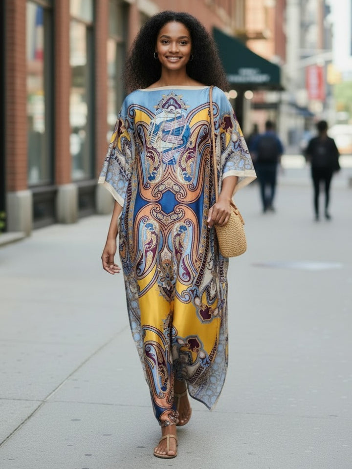 Printed Off-Shoulder Batwing Kaftan Dress