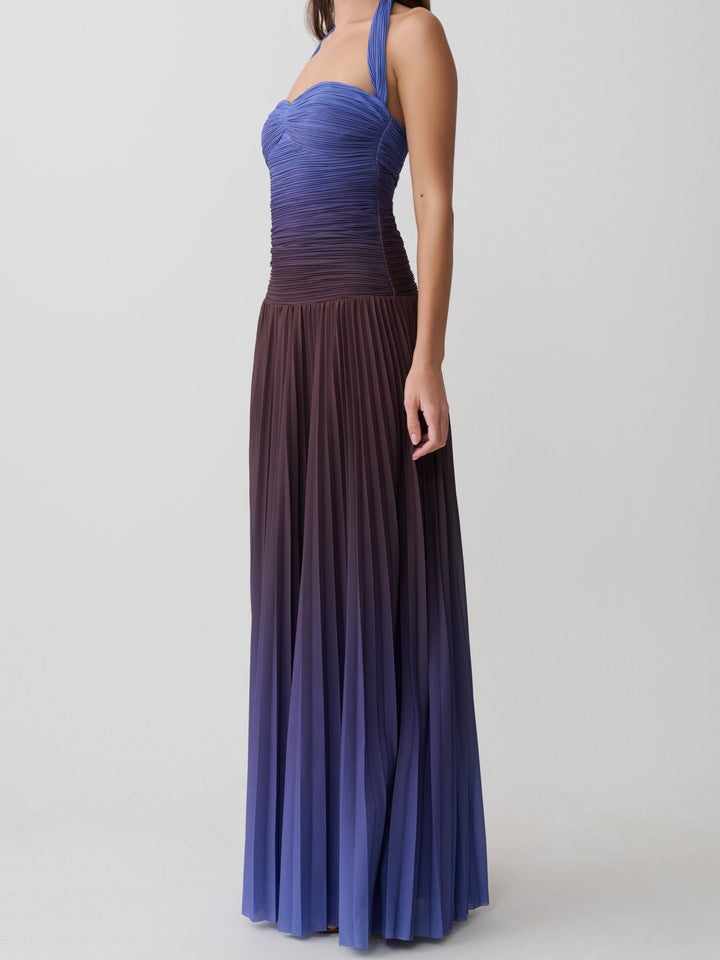Gradient Pleated Halter Maxi Dress