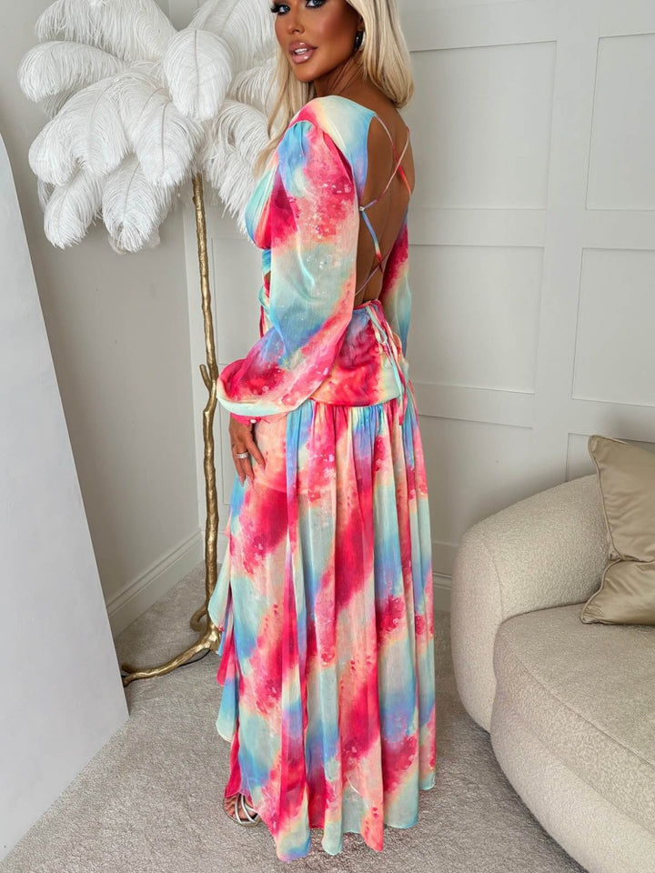 Sequin Watercolor Cutout Backless Maxi Dress