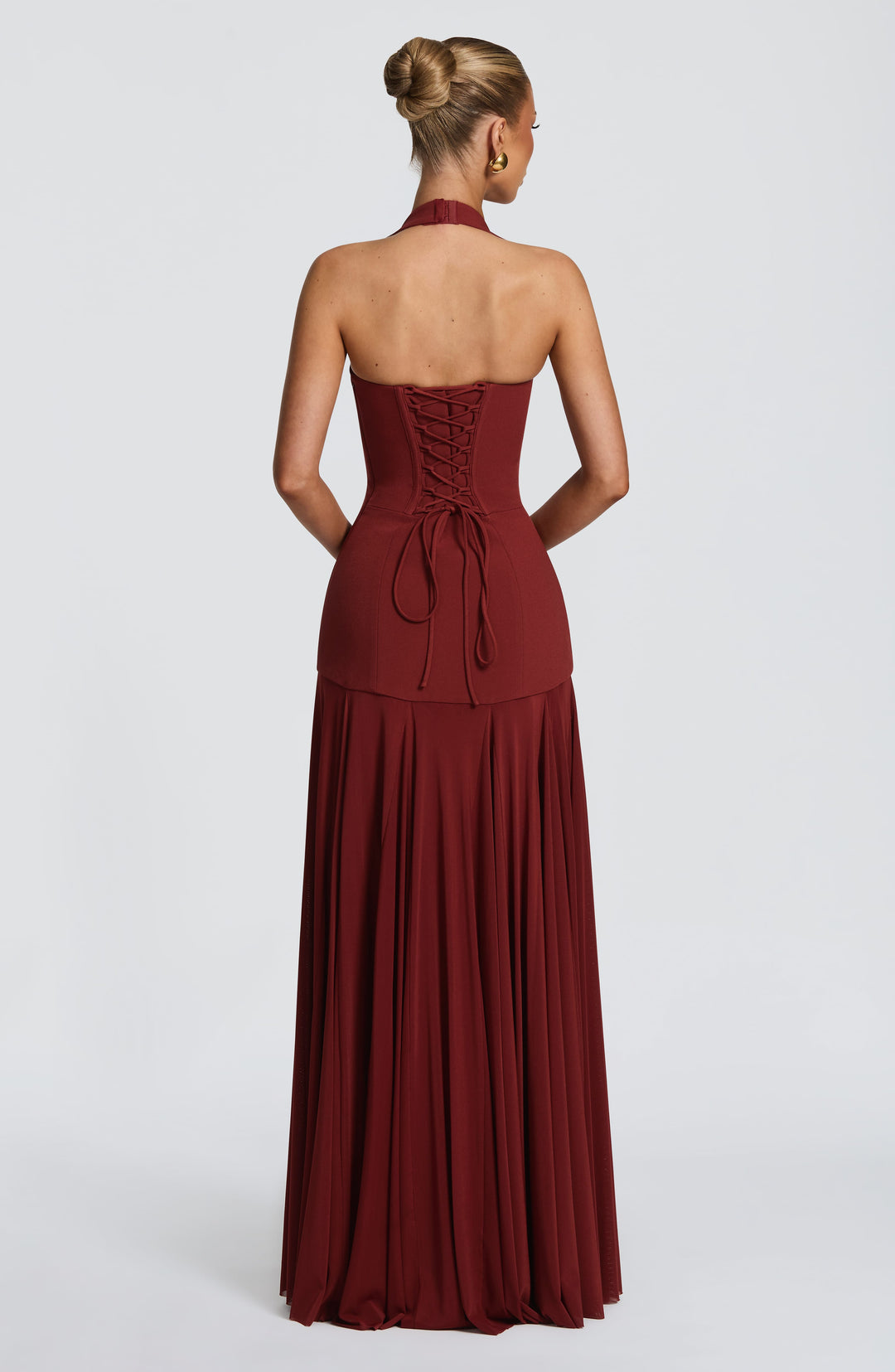 Bordeauxrotes Spitzenkleid im Meerjungfrauenstil mit Schnürung