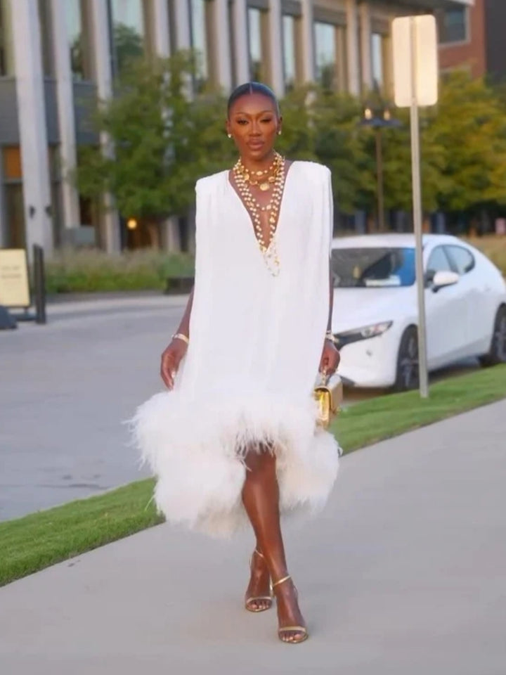 Elegant Sleeveless White Feather Patchwork Irregular Hem Midi Dress
