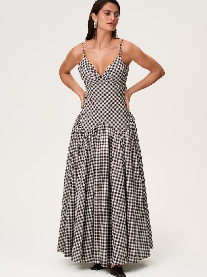Maxikjole med gingham og knyting bak
