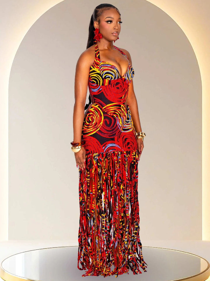 Statement Halter Fringe Maxi Dress