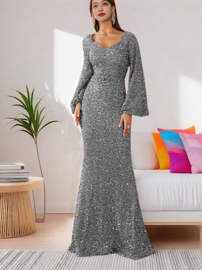 V-Neck Sequin Bodycon Dress na may Trumpet Sleeves