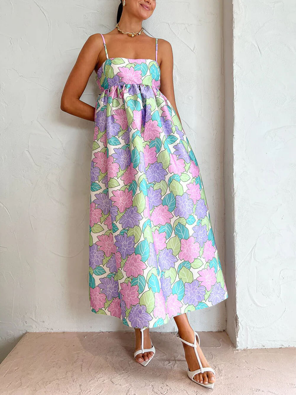 아름다운 기질 프린트 끈이 없는 등받이 스윙 드레스
