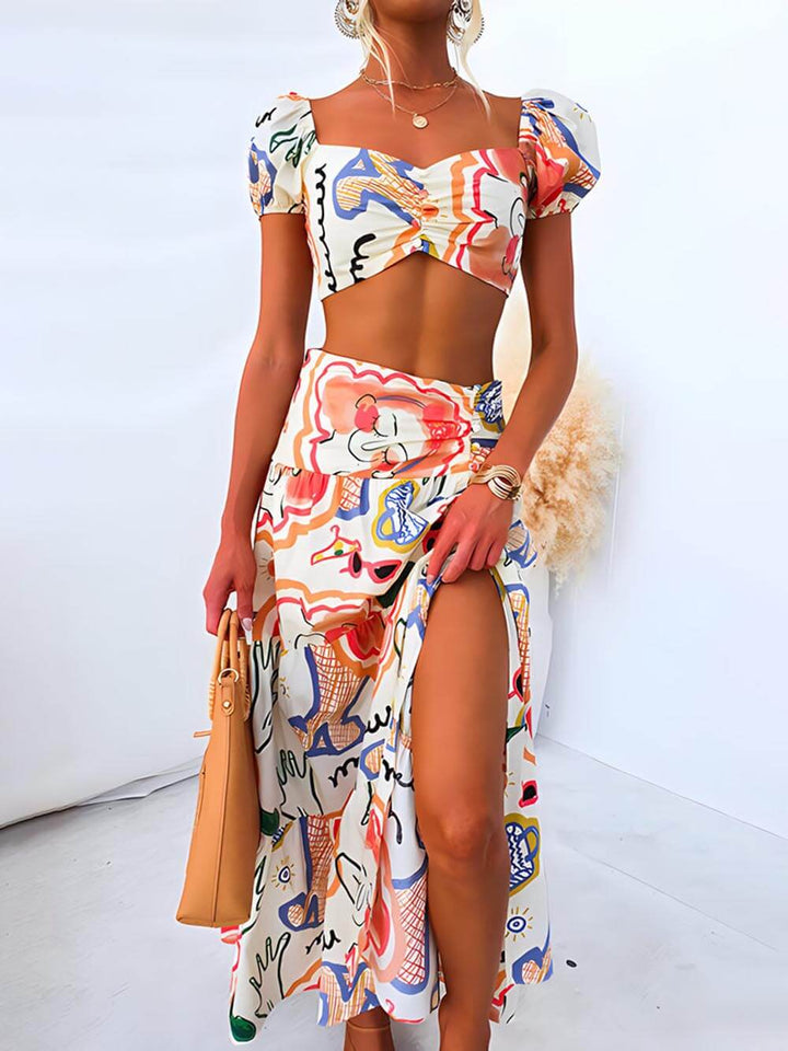 Summer Printed Top At Wrap Skirts Set