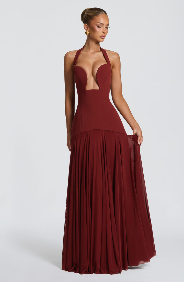 Bordeauxrotes Spitzenkleid im Meerjungfrauenstil mit Schnürung