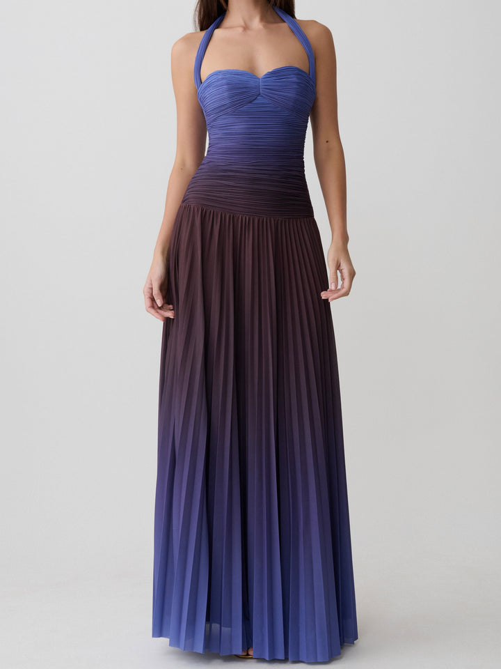 Gradient Pleated Halter Maxi Dress