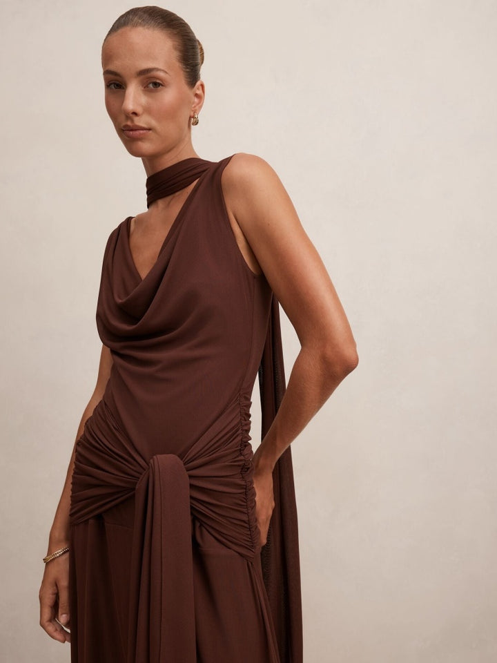 Draped High-Neck Open-Back Gown