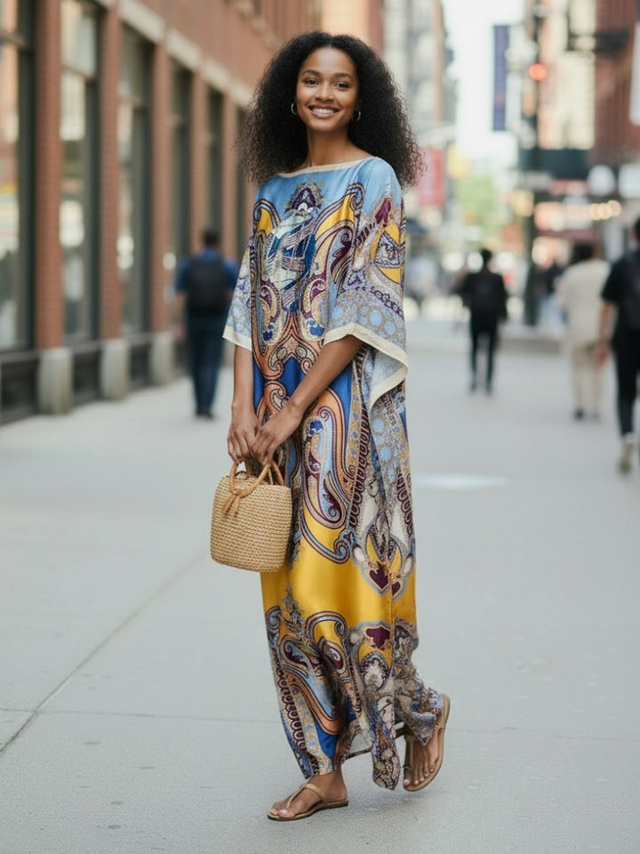 Printed Off-Shoulder Batwing Kaftan Dress