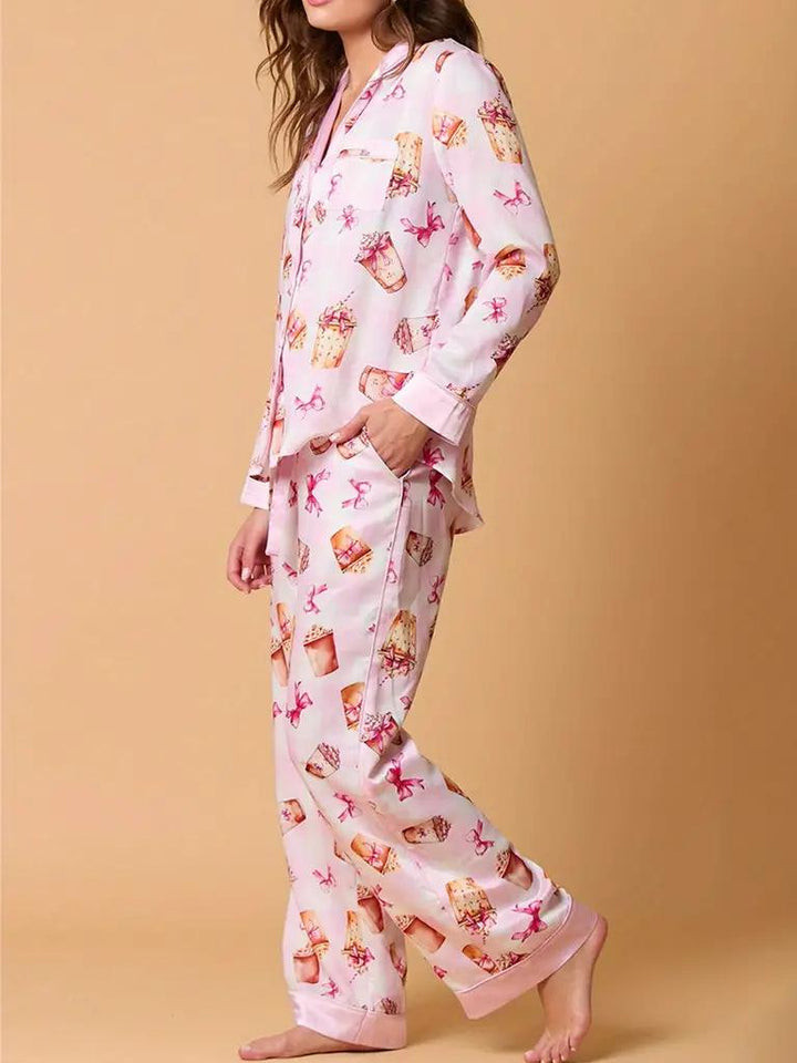 Bowknot Milk Tea Print Pyjamas sæt langærmet skjorte