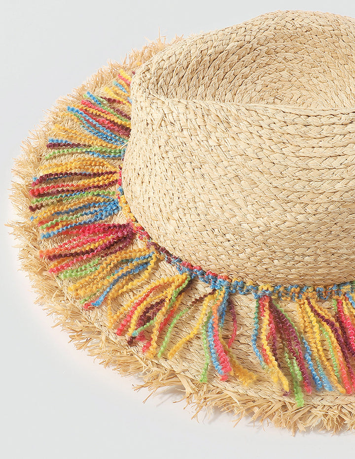 Pălărie de paie cu ciucuri din frânghie de bumbac colorată