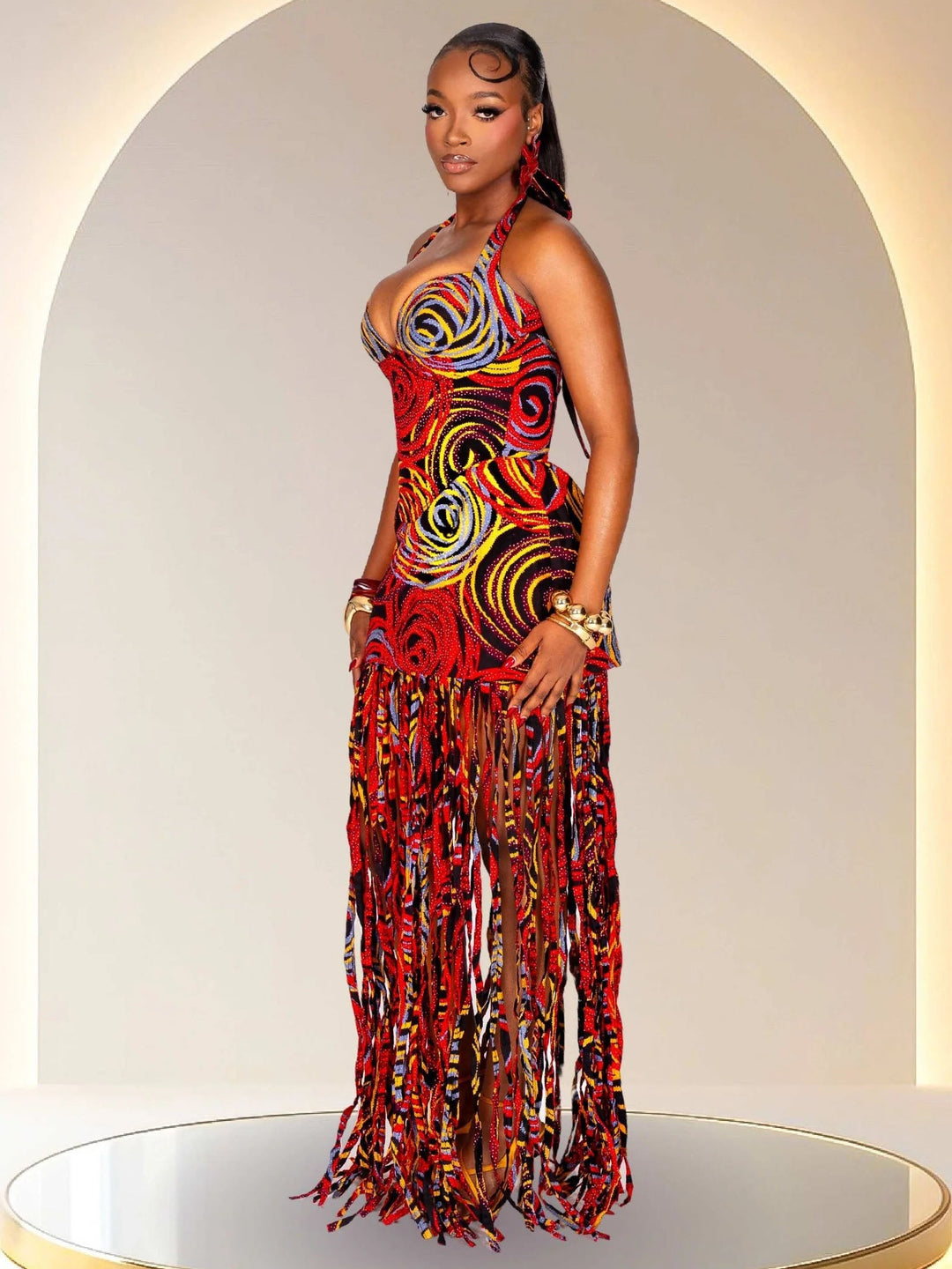 Statement Halter Fringe Maxi Dress