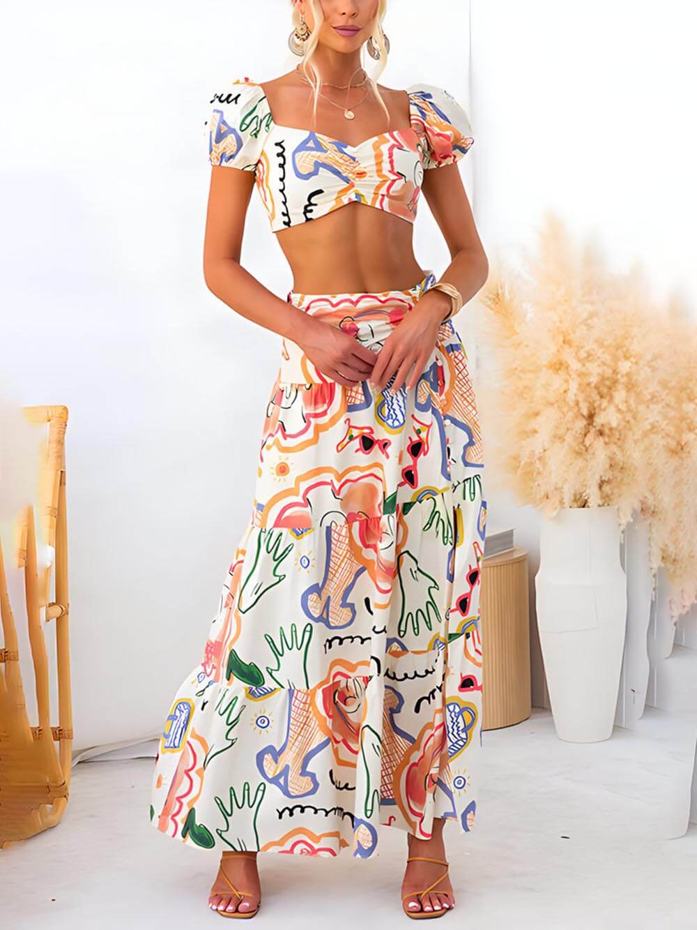 Summer Printed Top At Wrap Skirts Set
