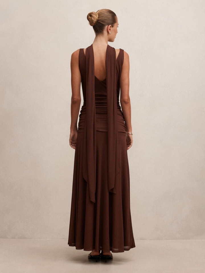 Draped High-Neck Open-Back Gown