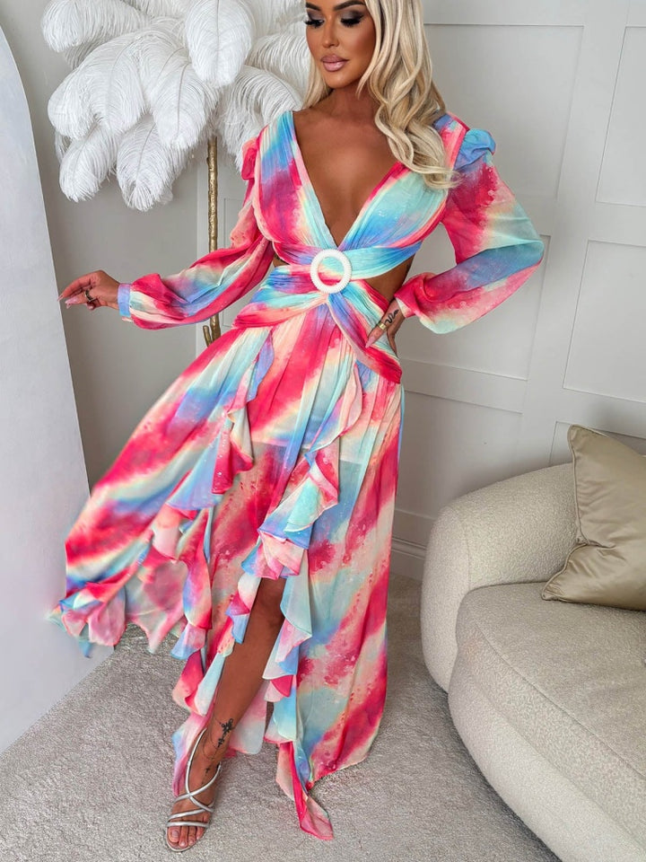 Sequin Watercolor Cutout Backless Maxi Dress