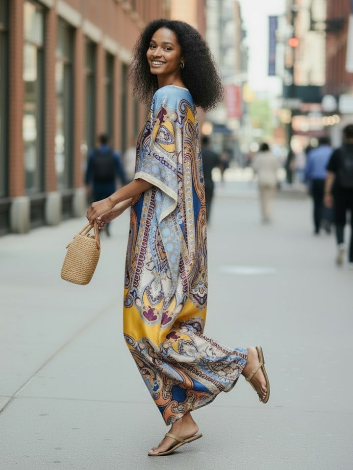 Printed Off-Shoulder Batwing Kaftan Dress