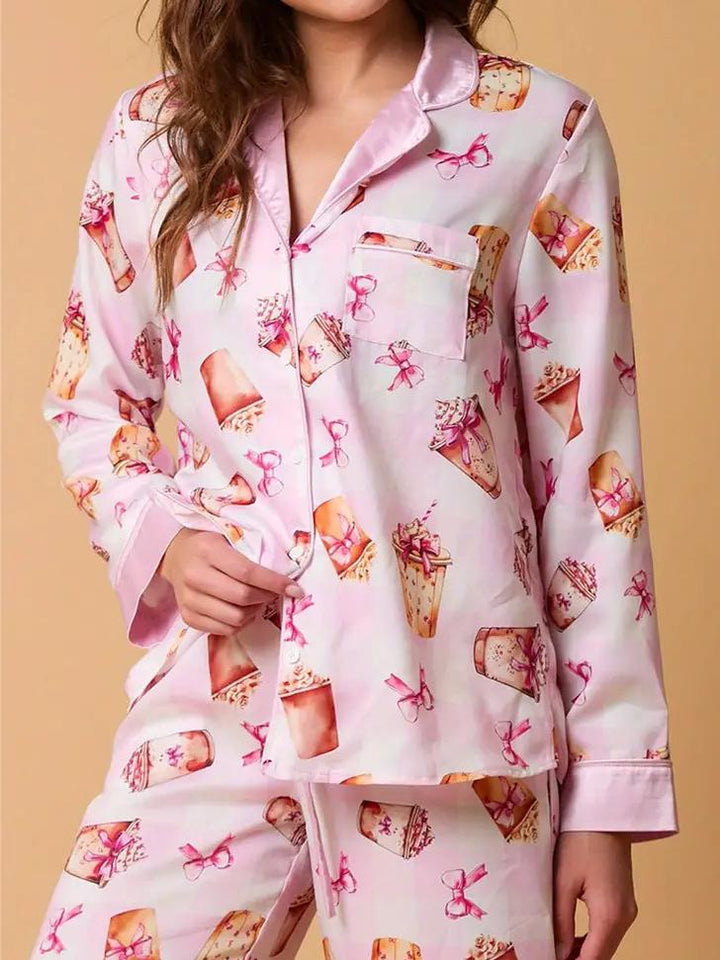 Bowknot Milk Tea Print Pyjamas sæt langærmet skjorte