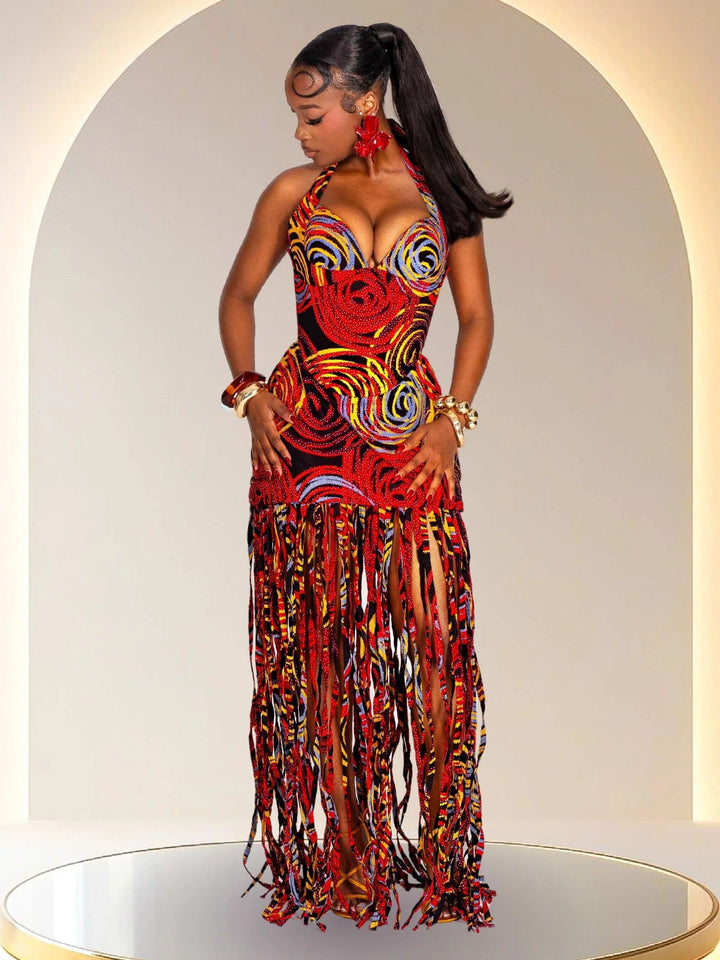 Statement Halter Fringe Maxi Dress