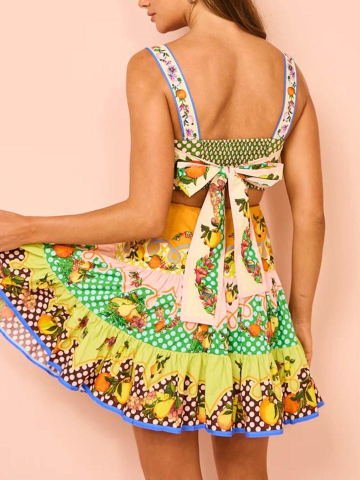 Rochie mini de vară multicoloră cu tiv cu tiv cu prelate de lămâie