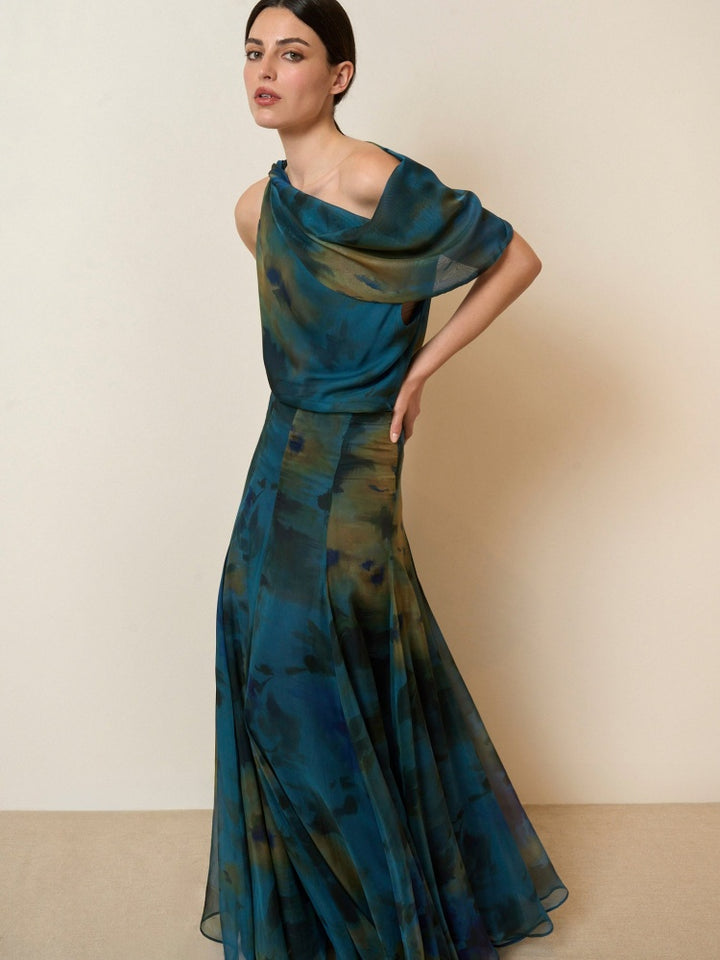 סט חולצה וחצאית א-סימטריים בהדפס צבעי מים