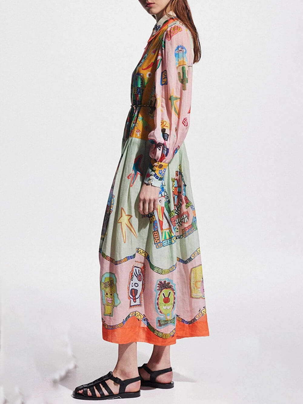 독특한 프린트 컬러블록 벌룬 슬리브 벨트 셔츠 미디 드레스