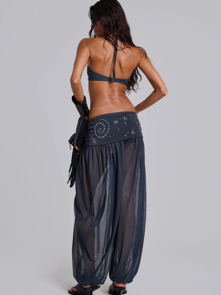 Pantaloni Harem Trasparenti con Vita a Paillettes