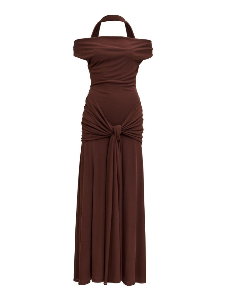 Draped High-Neck Open-Back Gown