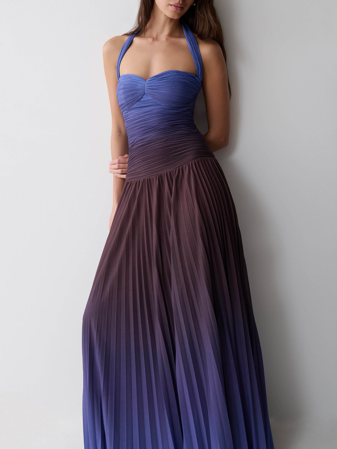 Gradient Pleated Halter Maxi Dress