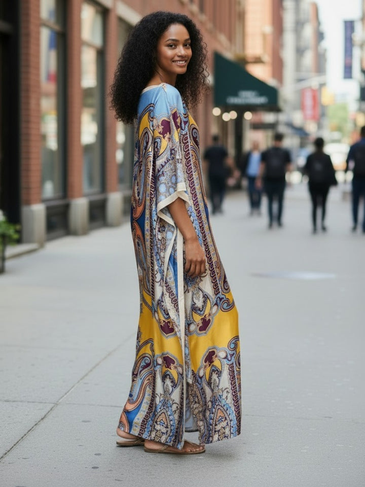 Printed Off-Shoulder Batwing Kaftan Dress