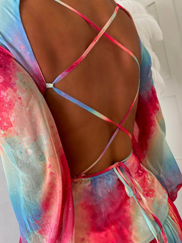 Sequin Watercolor Cutout Backless Maxi Dress
