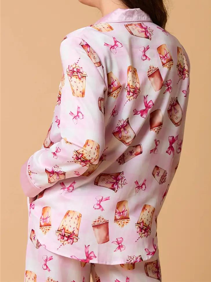 Bowknot Milk Tea Print Pyjamas sæt langærmet skjorte