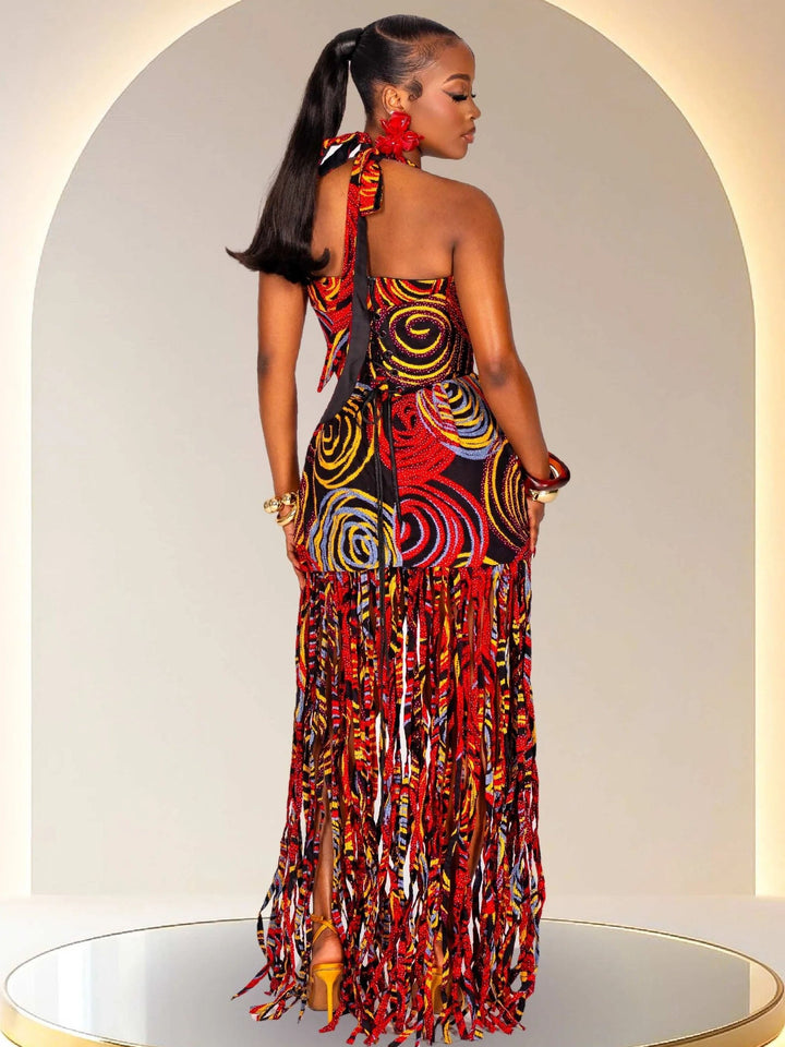 Statement Halter Fringe Maxi Dress