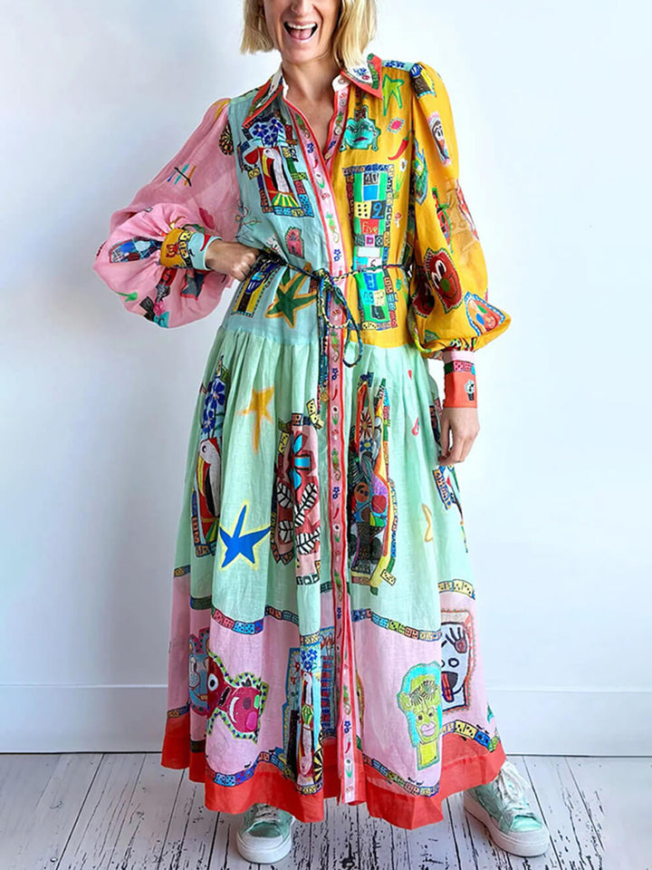 독특한 프린트 컬러블록 벌룬 슬리브 벨트 셔츠 미디 드레스