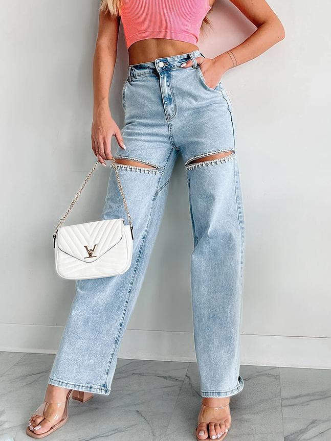 Rhinestone Detaljerade Distressed Rak Jeans