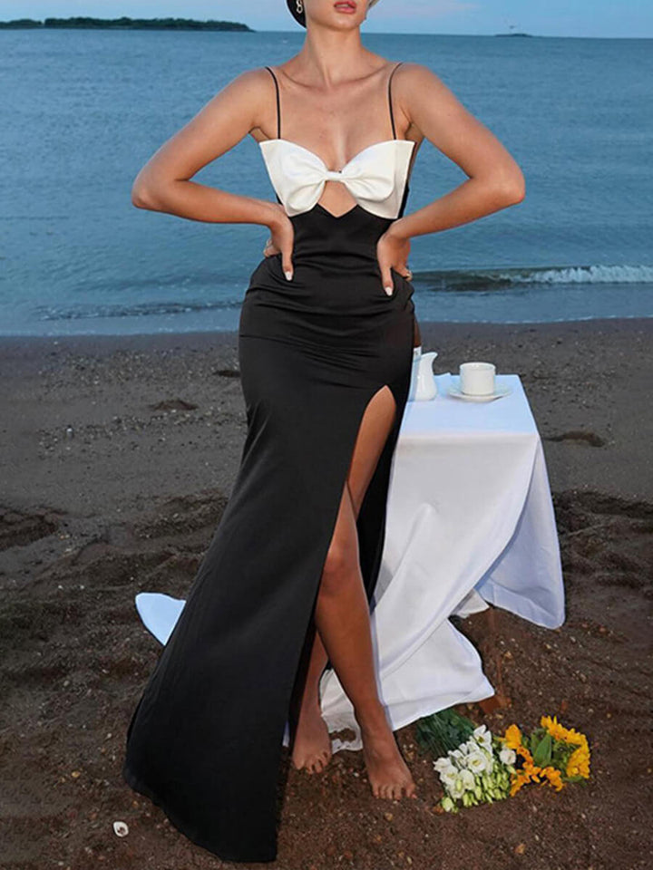 Resort Stili Kelebek Kontrast Renk Sütyen Askılı Yırtmaçlı Maxi Elbise