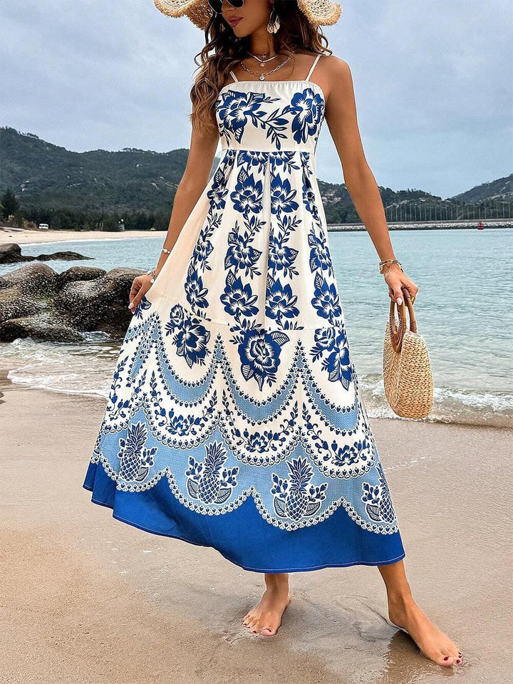 فستان مياكسي فضفاض بطباعة زهور عرقية من الخلف