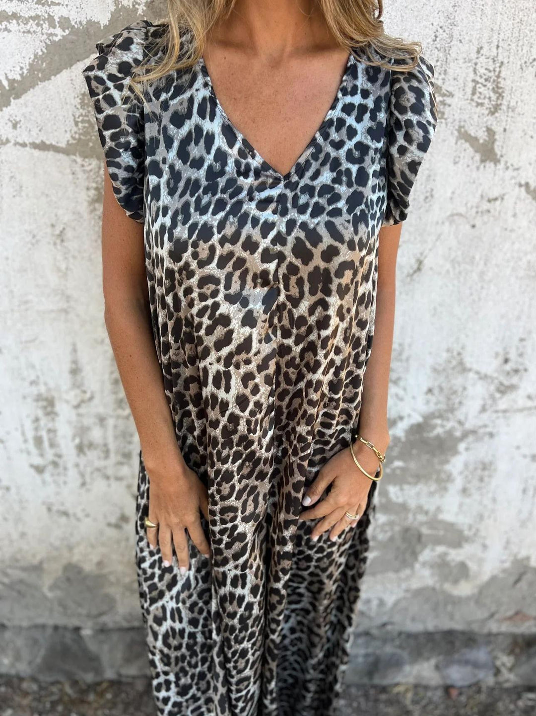 Abito Maxi V-Neck a Stampa Leopardo con Tasche Frontali