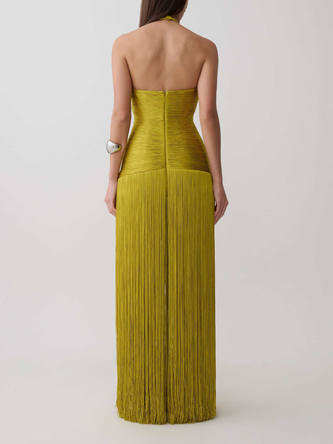 Rochie maxi chartreuse cu franjuri