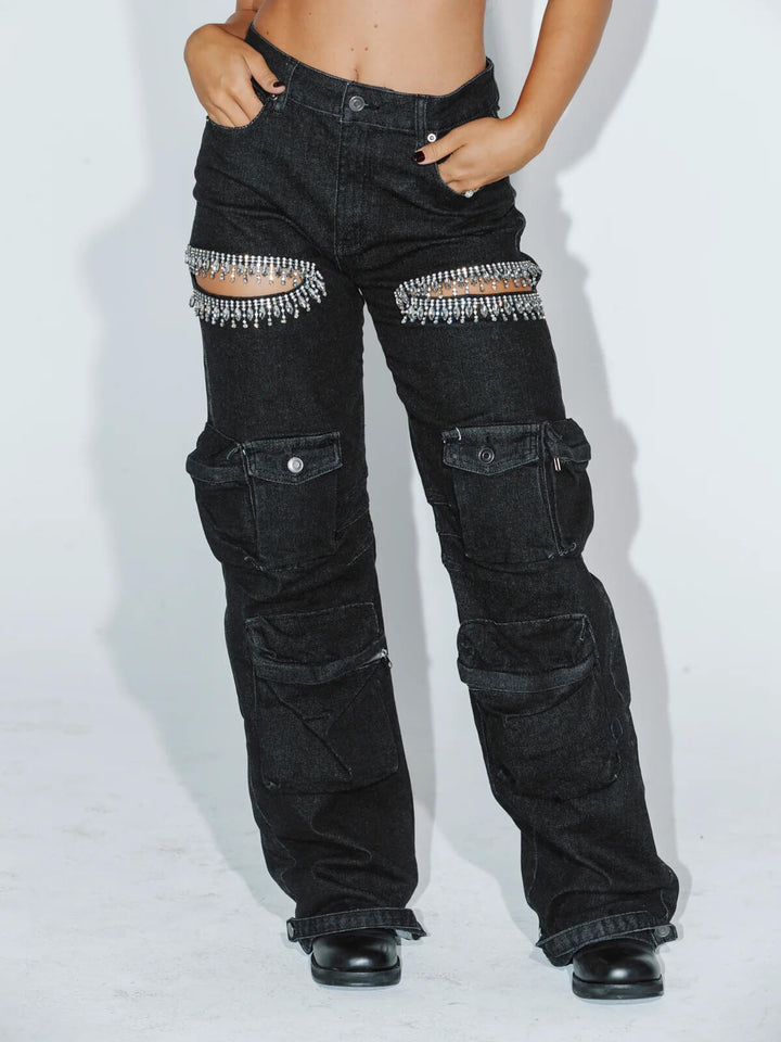 Cut Out Strass Cargo Jeans