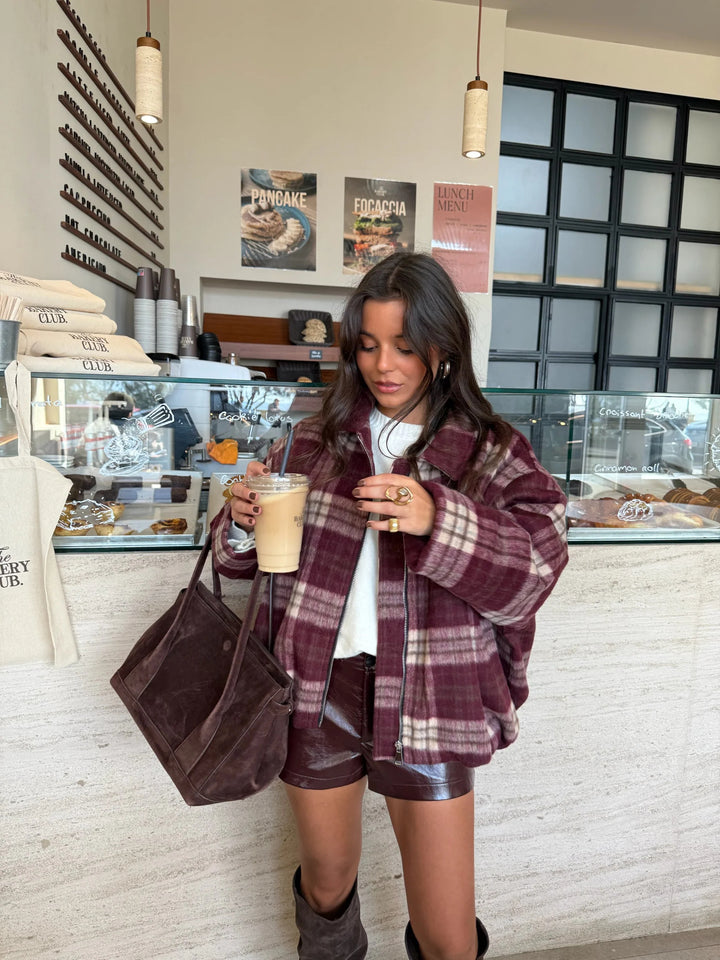 Burgundy Plaid Vintage Zip-Up Coat
